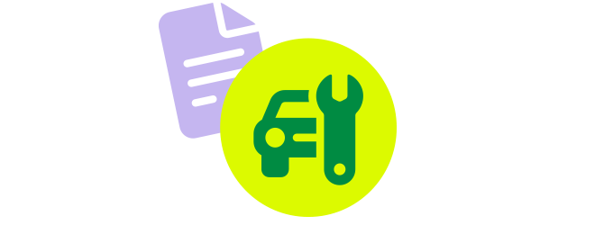 Kreis-Icon bestehend aus grünem Auto und Schraubenschlüssel vor abgesetztem Vertrag.