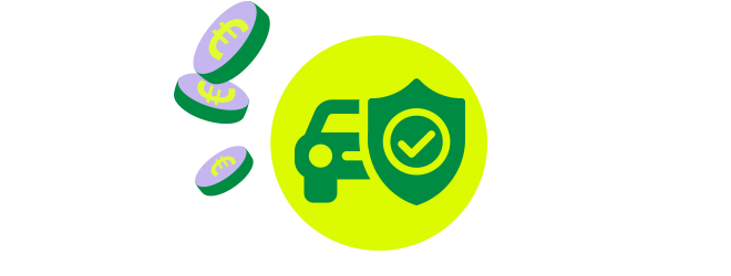 Kreis-Icon bestehend aus grünem Auto und Schutzschild, linksseitig deuten Euromünzen die Kosten an.
