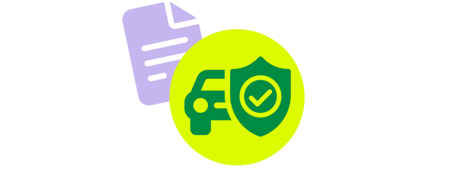 Kreis-Icon bestehend aus grünem Auto und Schutzschild vor abgesetztem Vertrag Hintergrund.