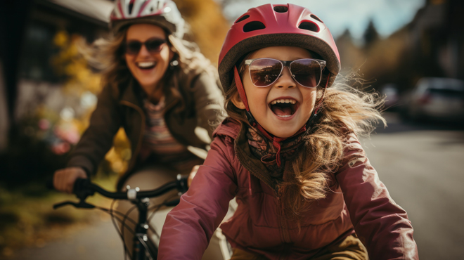 Im Vordergrund Kind mit Helm beim Fahrrad fahren, Mutter im Hintergrund lachend ebenfalls mit Helm und auf dem Fahrrad